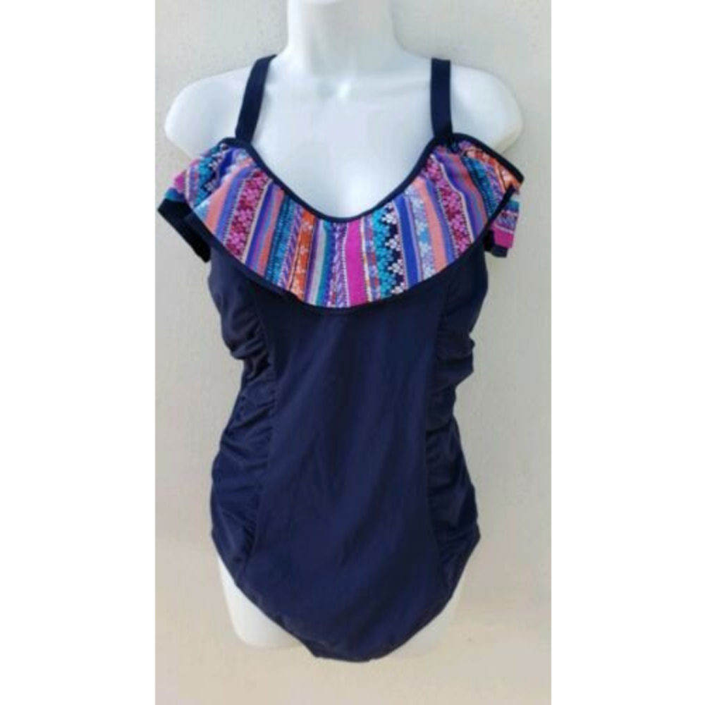 Profile Womens One Piece Navy Swimsuit Sz 20W Flounce Over the Shoulder NEW
